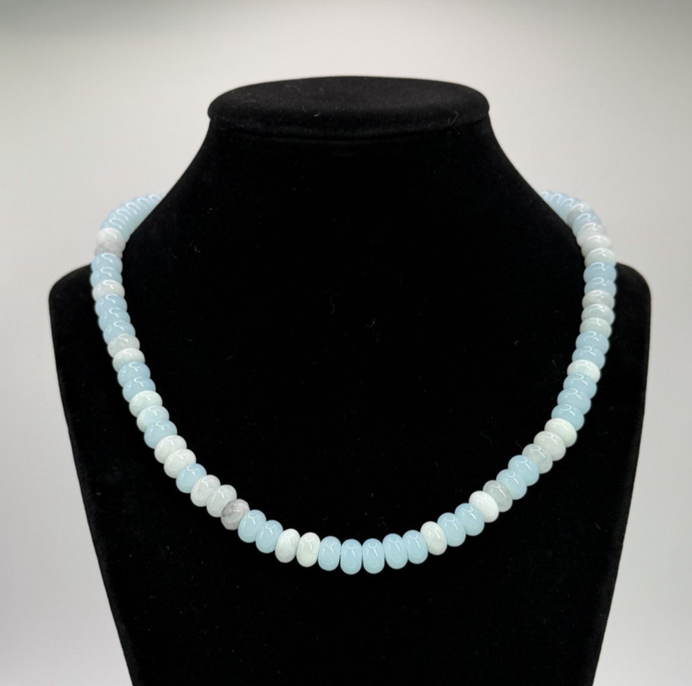 Blue Gemstone Rondelle Beaded Necklace Gold Tone Heart Toggle Clasp 18"